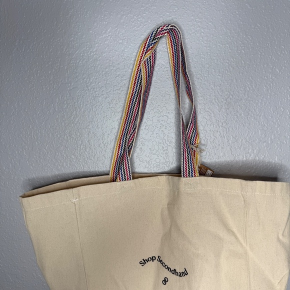 NWT Poshmark "Shop Secondhand " tote bag cream color with/rainbow striped straps - Picture 3 of 7